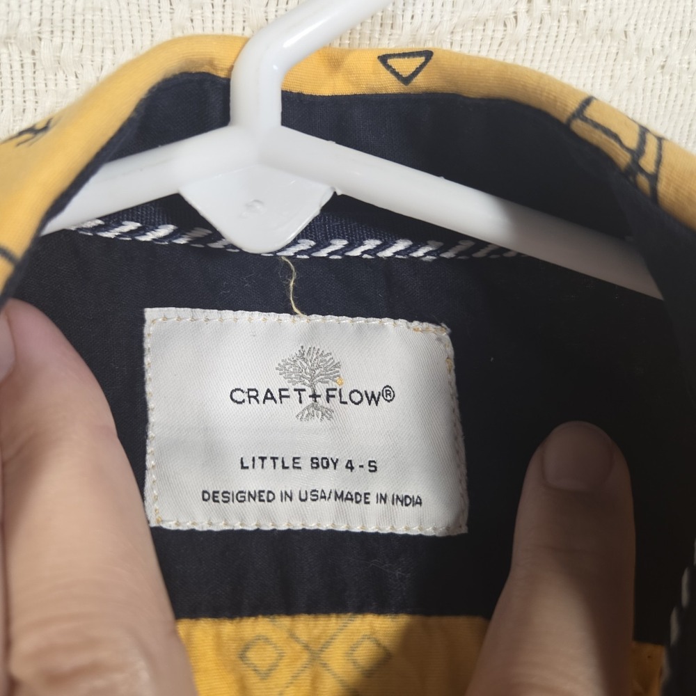 Craft+Flow Origami Dinosaur Shirt Kids 4-5 Mustard Yellow Short Sleeve Button Up - Picture 4 of 8